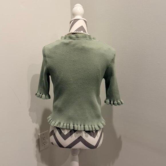 Green ribbed cardigan with ruffles and button closure - Picture 3 of 4
